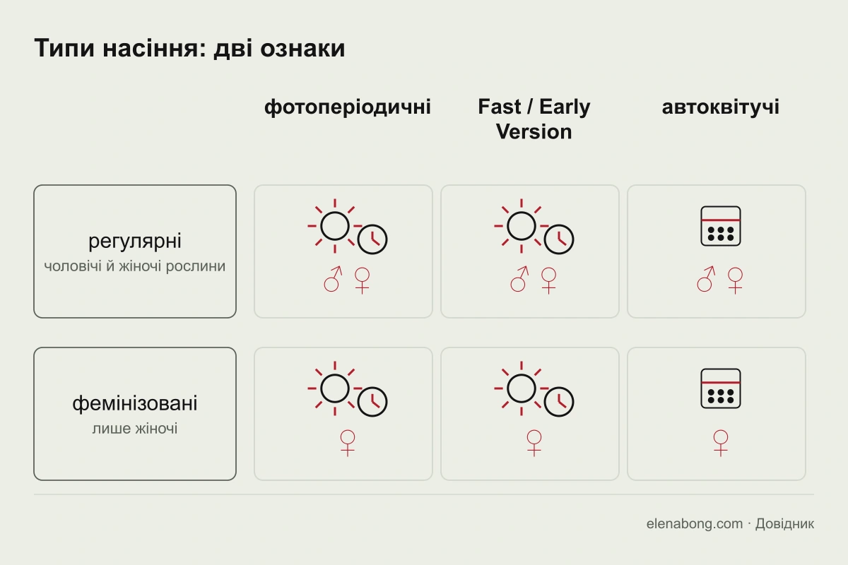 Схема типів насіння конопель за двома ознаками: стать рослин і те, що запускає цвітіння